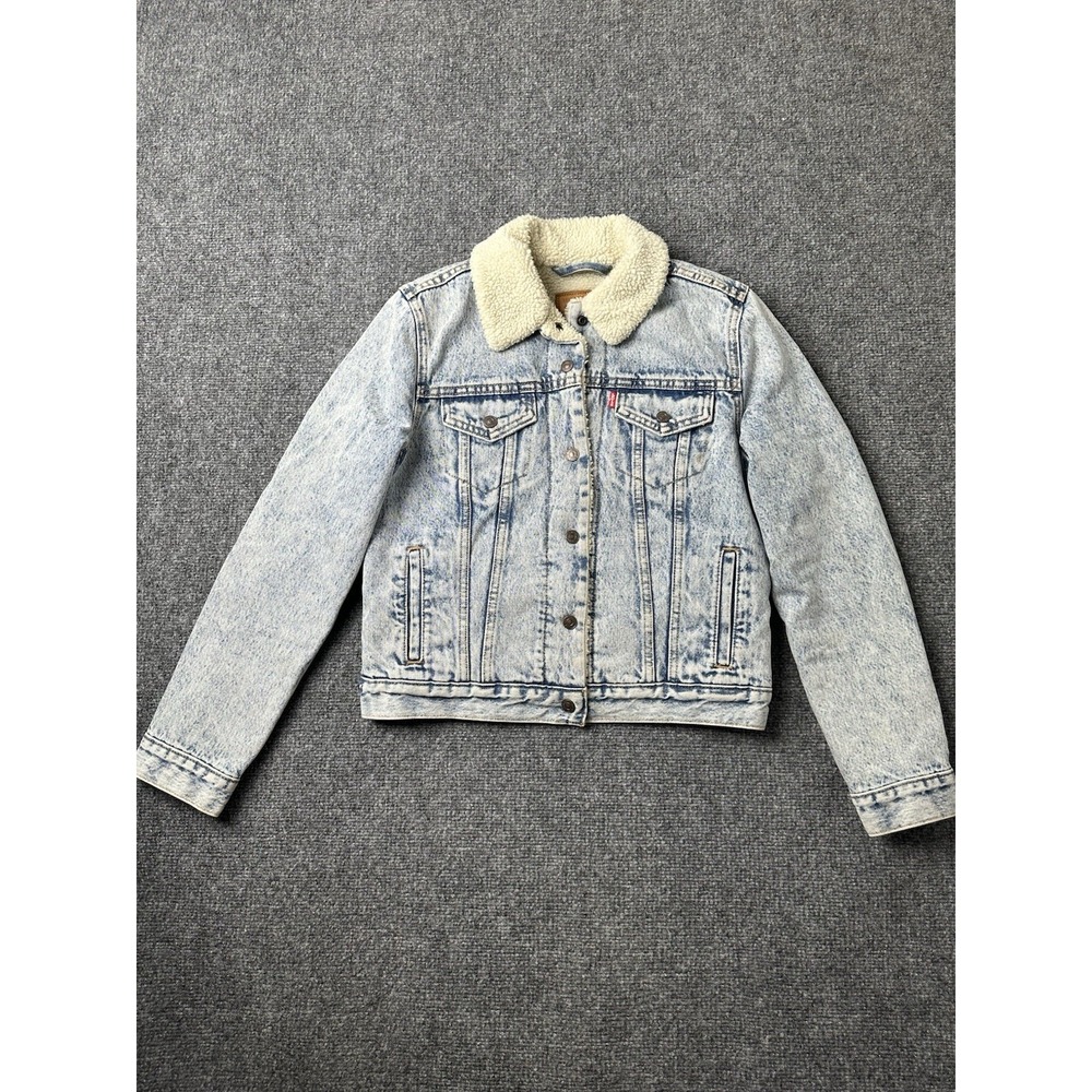 Womens Sherpa Lined Levi's Premium Denim Trucker Jacket Blue, Size S - Picture 2 of 11